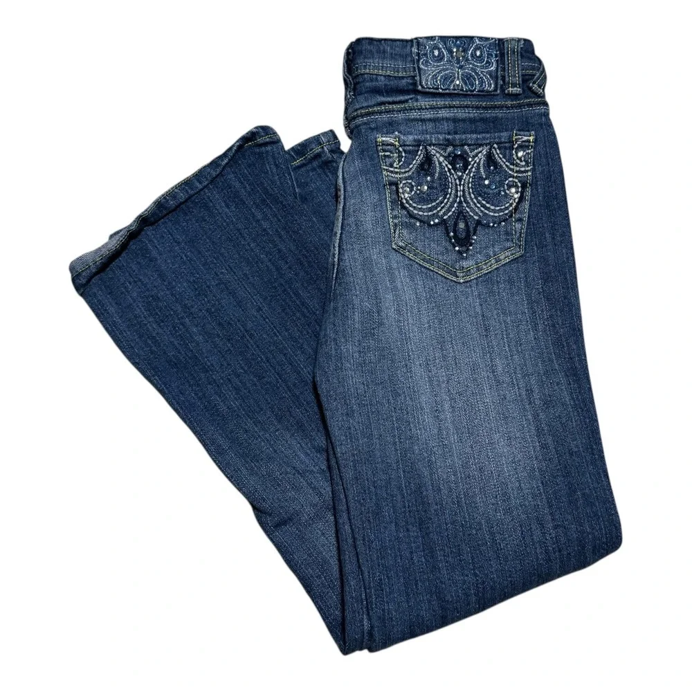 2000s Arizona Jeans‎ Co. Rhinestone Pocket Blue Jeans Girls 10 Slim (26x25 1/8)